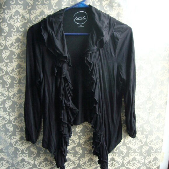 INC International Concepts Black Soft Ruffle Trim Jacket Single Hook Close - M - Picture 2 of 5